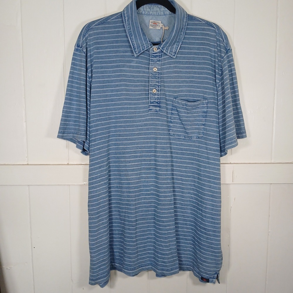 Faherty Polo Shirt Mens XXL Blue Striped Organic Cotton Pocket MKS2328-IBH